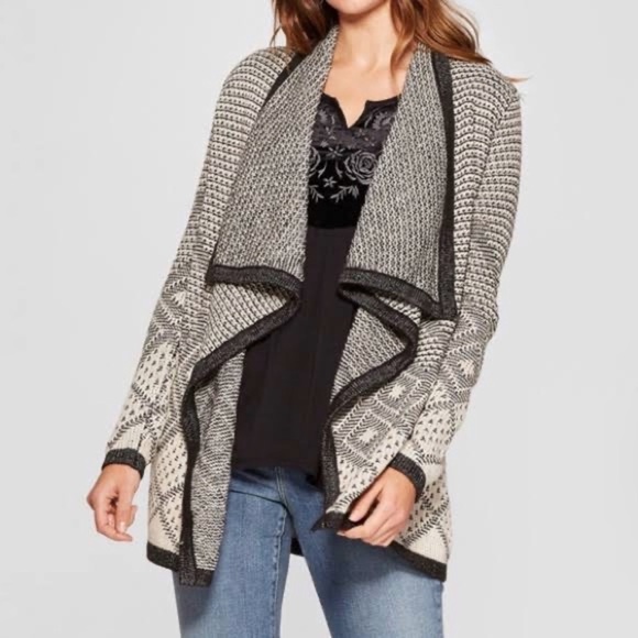 Knox Rose Sweaters - Knox Rose Open Front Waterfall Cardigan Womans Size Large Black & Cream Longline